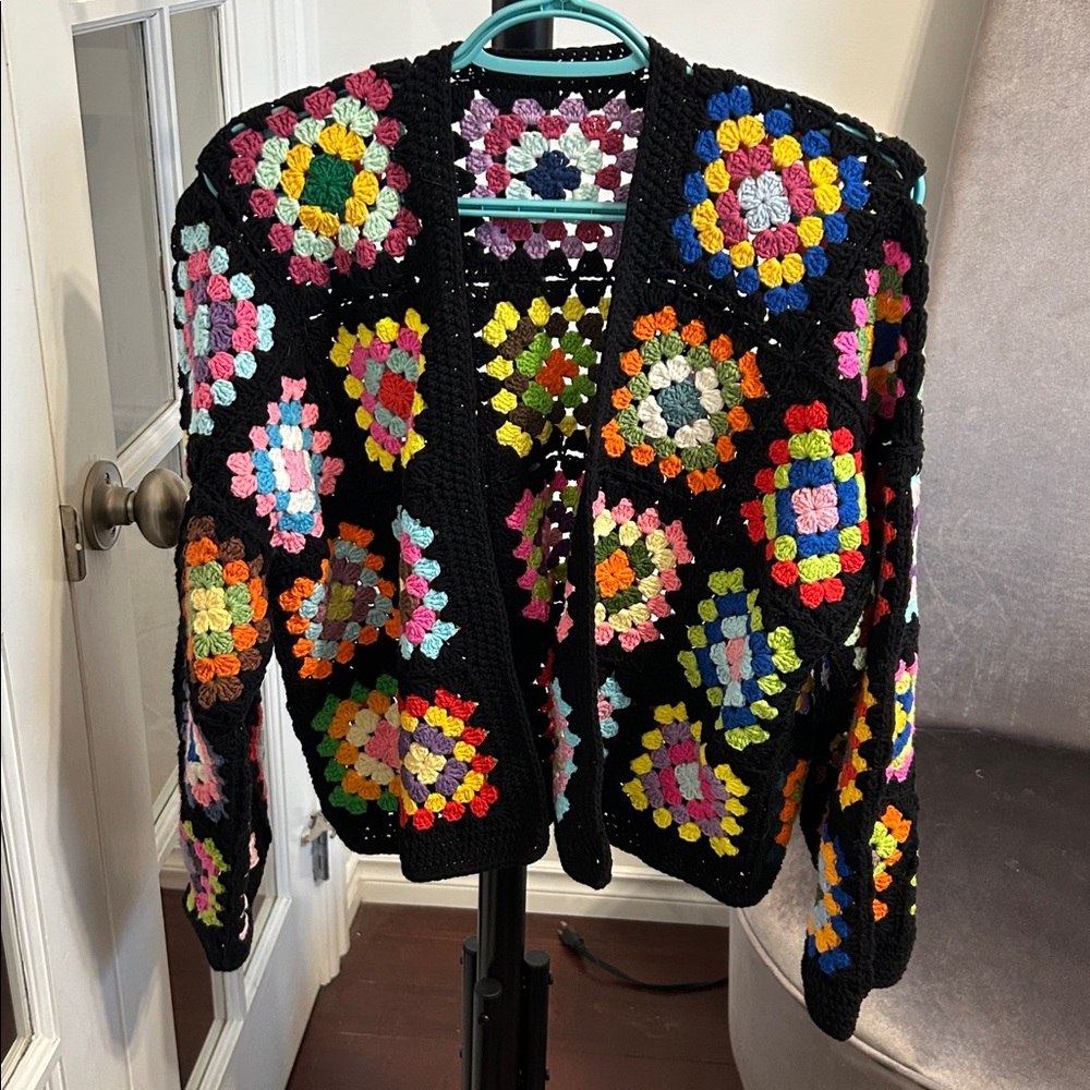 Black Crochet Granny-Square Cardigan with Multicolor Motifs